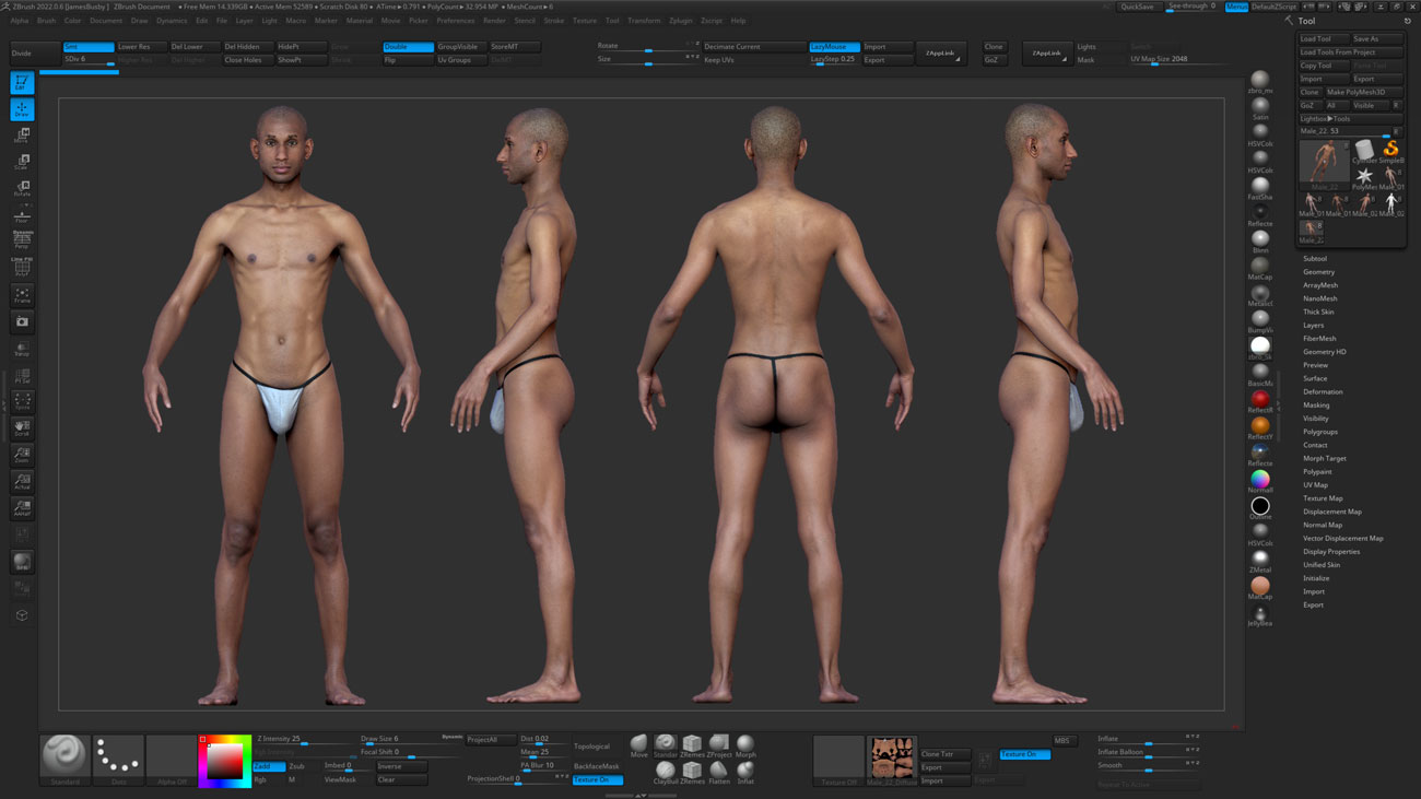 ZBrush ZTool render of a lean male 3D body scan showing high-subdivision sculpt-ready geometry